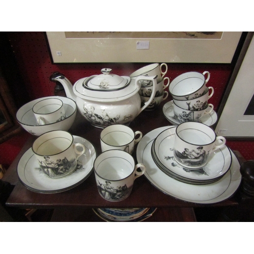 4128 - A pat set of New Hall monotone tea wares, teapot (knop repaired), tea plate, cups, coffee cans, sauc... 