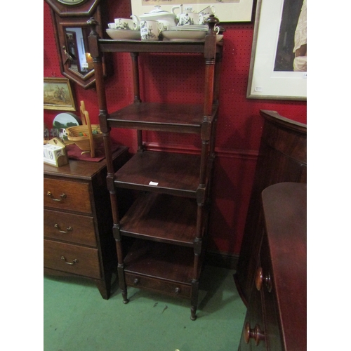 4131 - A Regency mahogany five tier buffet of slim proportions, single base drawer, turned supports, 154cm ... 