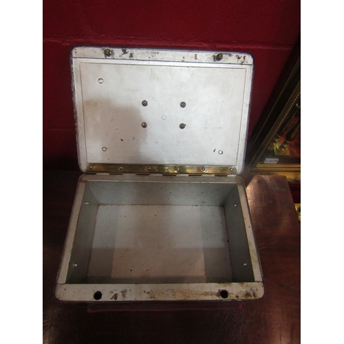 4137 - A metal table-top safe, plated twin carrying handles (minus key)