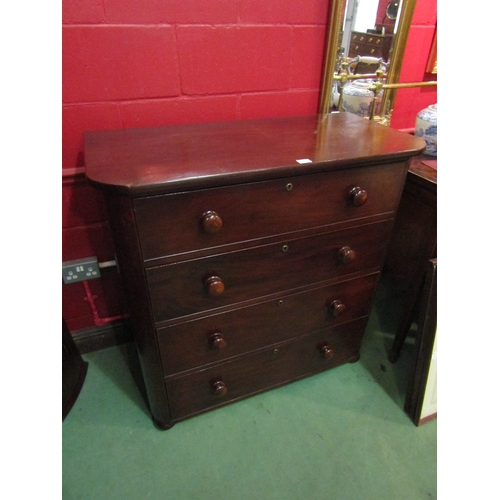 4138 - A Victorian flame mahogany round cornered chest of four long drawers over bun feet, 105cm tall x 106... 