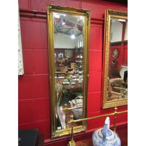 4139 - A rectangular bevelled edge gilt framed wall mirror, 122cm x 39cm