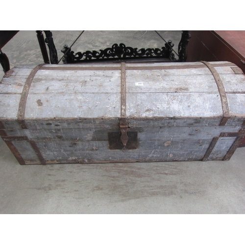 2001 - A 19th Century pine and iron bound dome top box with metal binding and key