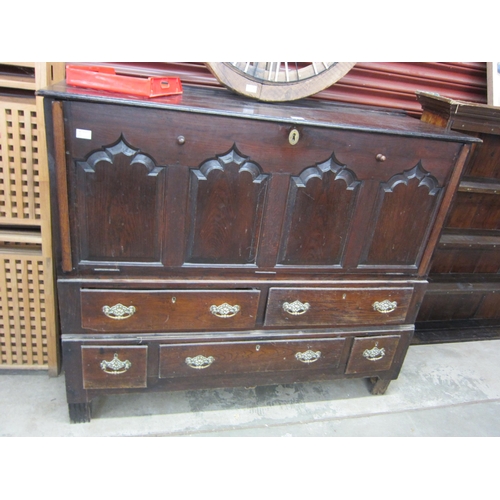 2096 - An 18th Century oak and elm mule chest, converted, three panel front, drawer base   (E) £60-90