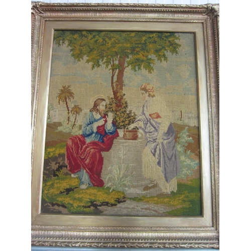 2107 - A Victorian gilt framed needlepoint of Jesus and Mary