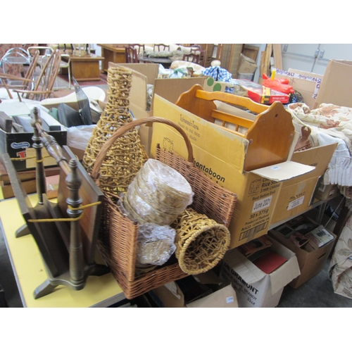 2356 - A collection of wicker baskets and two wooden magazine racks and Two boxes of Indian hardwood, inclu... 