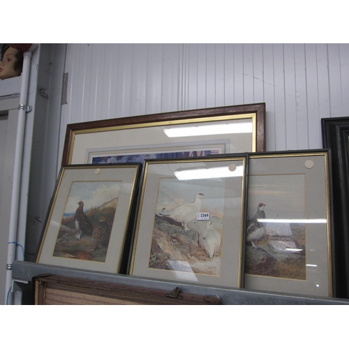 2369 - An oak framed print depicting winter pheasant scene, three prints depicting Grouse and another (5)