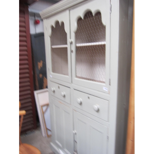 2444 - A 19th Century grey painted kitchen cupboard, twin meshed doors over two drawers and two door cupboa... 