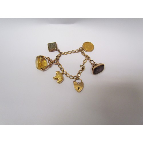 1107 - A metal charm bracelet with a 9ct gold padlock, 1906 gold half-sovereign, a 9ct gold swivel centre f... 