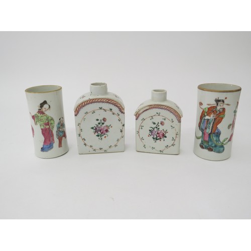 6027 - Two 18th Century tea canisters and two brush water pots decorated with Mandarin figures, hairline cr... 