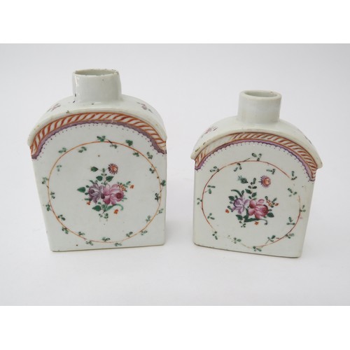 6027 - Two 18th Century tea canisters and two brush water pots decorated with Mandarin figures, hairline cr... 