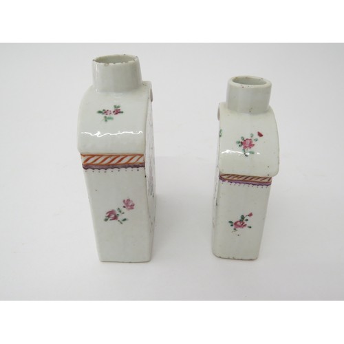 6027 - Two 18th Century tea canisters and two brush water pots decorated with Mandarin figures, hairline cr... 