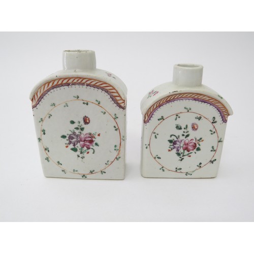 6027 - Two 18th Century tea canisters and two brush water pots decorated with Mandarin figures, hairline cr... 