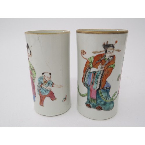 6027 - Two 18th Century tea canisters and two brush water pots decorated with Mandarin figures, hairline cr... 