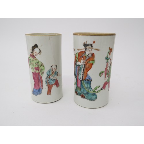 6027 - Two 18th Century tea canisters and two brush water pots decorated with Mandarin figures, hairline cr... 