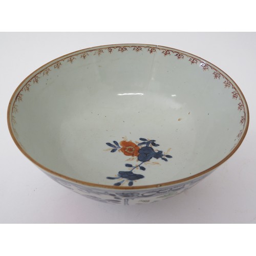 6028 - An 18th Century Oriental export bowl, hairline crack to side, 9cm tall x 20cm diameter