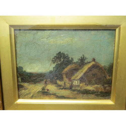 6043 - An English School 19th Century oil painting, depicting thatched cottages on lane with figure in dist... 