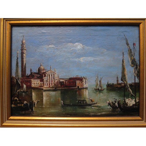 6077 - Oil on canvas depicting San Giorgio Maggiore Venice, unsigned slight bubbling to bottom edge of canv... 