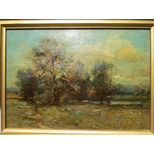 6067 - THOMAS BROMLEY BLACKLOCK (1863-1903) grazing sheep in field with trees and river, Oil on canvas, sig... 