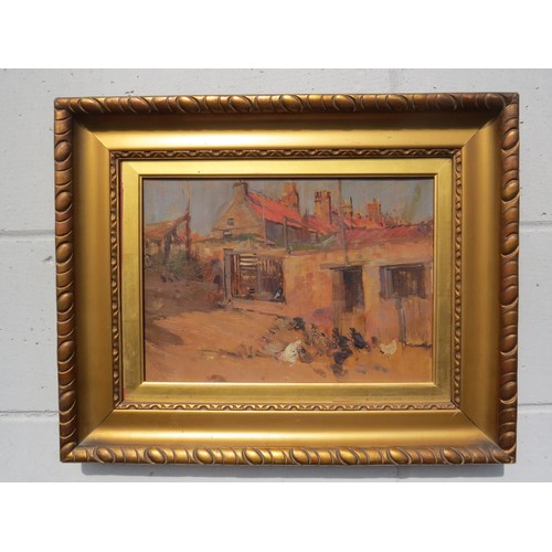 6078 - WALTER GRAHAM GRIEVE (1872-1937) Oil on board, Chickens in farmyard, pencil signed on frame, 24.5cm ... 