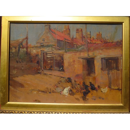 6078 - WALTER GRAHAM GRIEVE (1872-1937) Oil on board, Chickens in farmyard, pencil signed on frame, 24.5cm ... 