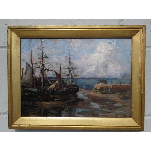 6090 - WILLIAM WATT MILNE ( 1865-1949) An oil on canvas, Moored boats in harbour at low tide, 24.5cm x 34.5... 