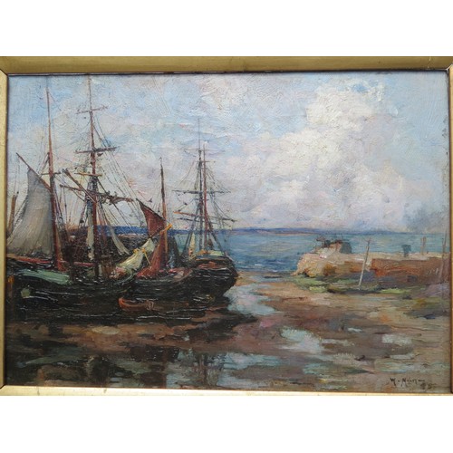 6090 - WILLIAM WATT MILNE ( 1865-1949) An oil on canvas, Moored boats in harbour at low tide, 24.5cm x 34.5... 