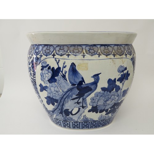 6100 - Large Oriental blue and white jardiniere with golden pheasant pattern, 35.5cm x 42cm x 32cm