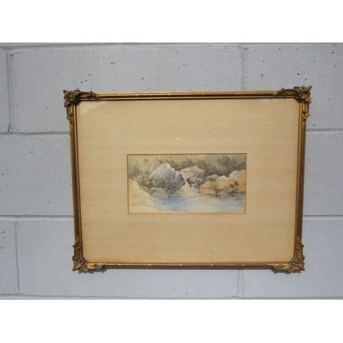 6057 - Two Victorian watercolours, rocky pool and rocks by a stream, unsigned, 15cm x 30cm, in gilt frames ... 