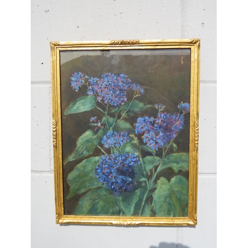 6065 - PERCY BROOKS blue forget-me-nots, oil on board framed and under glass, 40cm x 30cm