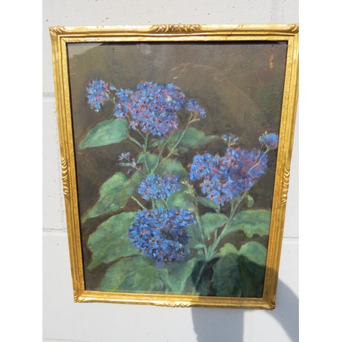 6065 - PERCY BROOKS blue forget-me-nots, oil on board framed and under glass, 40cm x 30cm