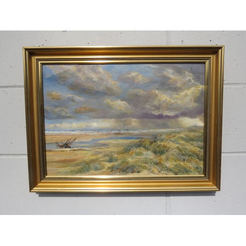 6066 - 20th Century scene of North Norfolk Coast, oil on canvas unsigned, framed and under glass, 34cm x 69... 