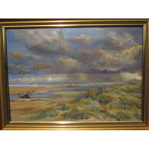 6066 - 20th Century scene of North Norfolk Coast, oil on canvas unsigned, framed and under glass, 34cm x 69... 