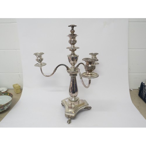 6106 - A Victorian silverplate three sconce candle centrepiece, 58cm tall