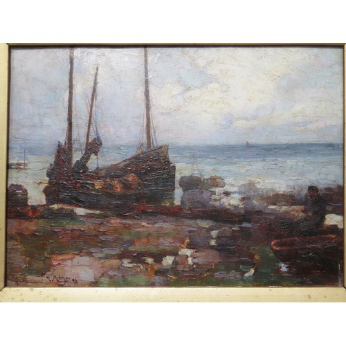 6088 - WILLIAM WATT MILNE ( 1865-1949) An oil on canvas, moored boats on beach with fisherman mending the n... 