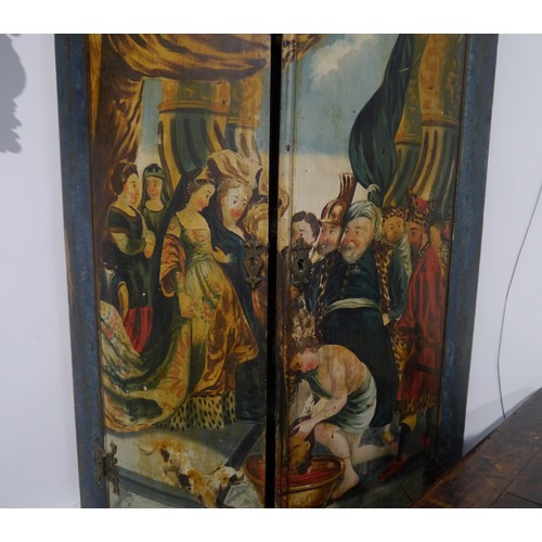 6069 - A painted Georgian corner cupboard, the doors painted with Regal figures and decapitated head, 122cm... 