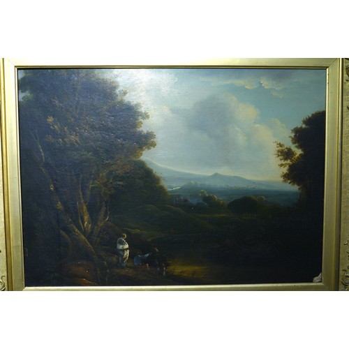 6047 - Late 18th Century oil landscape by unknown artist depicting figures looking out over a hilly and woo... 