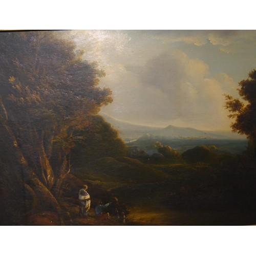 6047 - Late 18th Century oil landscape by unknown artist depicting figures looking out over a hilly and woo... 