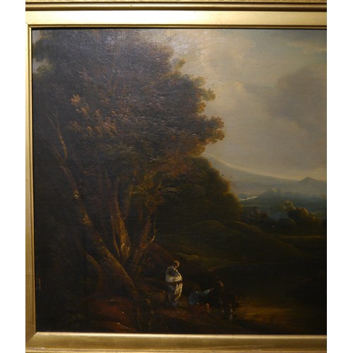 6047 - Late 18th Century oil landscape by unknown artist depicting figures looking out over a hilly and woo... 