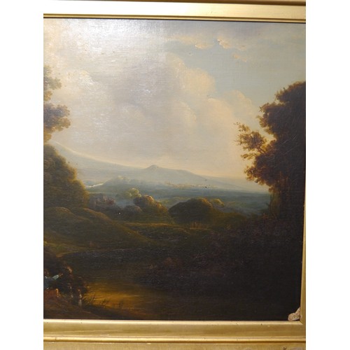 6047 - Late 18th Century oil landscape by unknown artist depicting figures looking out over a hilly and woo... 