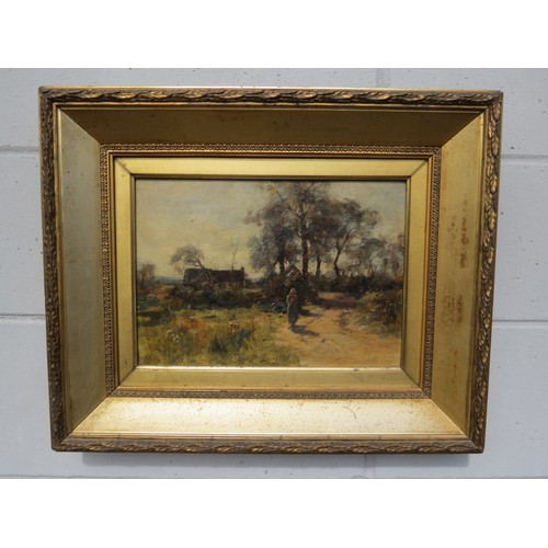 6076 - WILLIAM MILLER FRAZER (1864-1961) Figure walking down country lane with house to background, oil on ... 