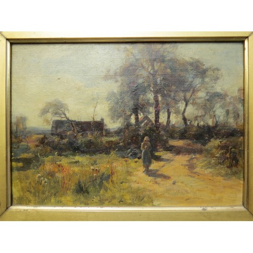 6076 - WILLIAM MILLER FRAZER (1864-1961) Figure walking down country lane with house to background, oil on ... 