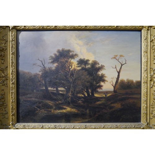 6059 - A Norwich School landscape, depicting a figure returning from gathering fire wood with river and tre... 