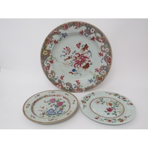 6079 - Late 18th Century/ early 19th Century charger and two smaller plates, 34.5cm diameter and 23cm diame... 