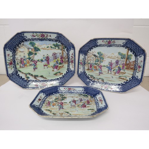 6001 - Three late 18th Century Oriental export platters/meat plates with central handpainted exterior. Pain... 