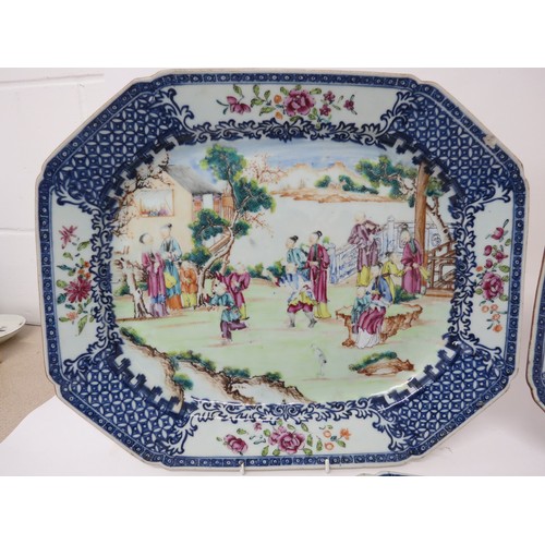 6001 - Three late 18th Century Oriental export platters/meat plates with central handpainted exterior. Pain... 