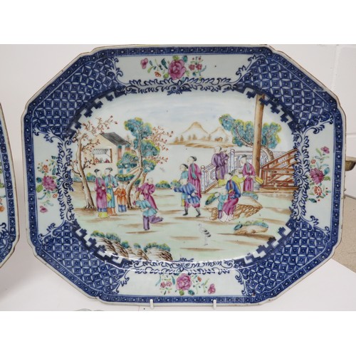 6001 - Three late 18th Century Oriental export platters/meat plates with central handpainted exterior. Pain... 