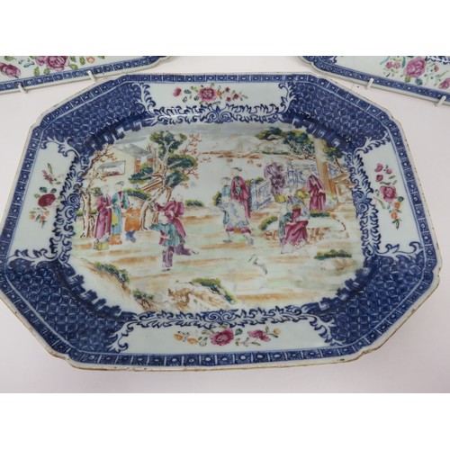 6001 - Three late 18th Century Oriental export platters/meat plates with central handpainted exterior. Pain... 