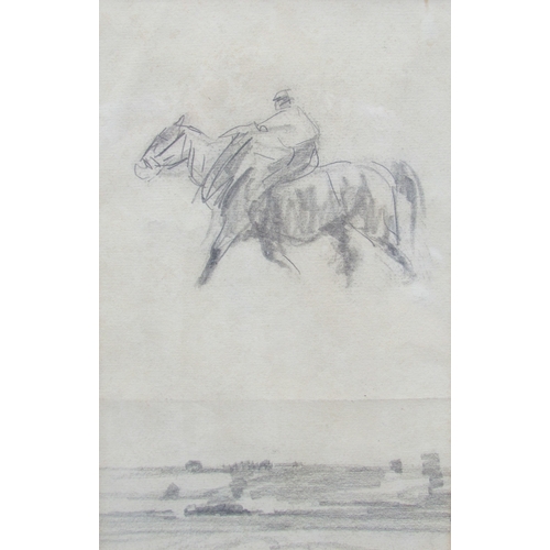 7076 - HARRY BECKER (1865-1928) A framed and glazed double sided pencil sketch page featuring a horse and r... 