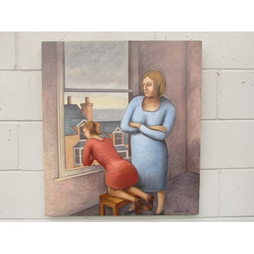 1204 - An original oil on canvas painting of a girl looking out of a window, signed and dated 'Unwin' '88 b... 