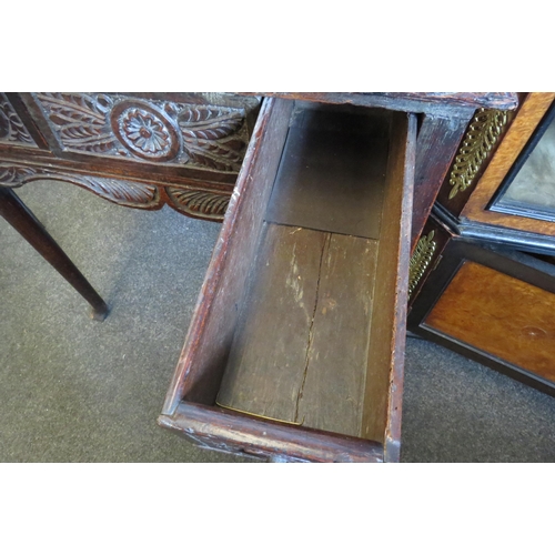 1328 - A George Ill oak two drawer side table on pad feet with later carving, 72cm tall x 71cm wide x 49cm ... 